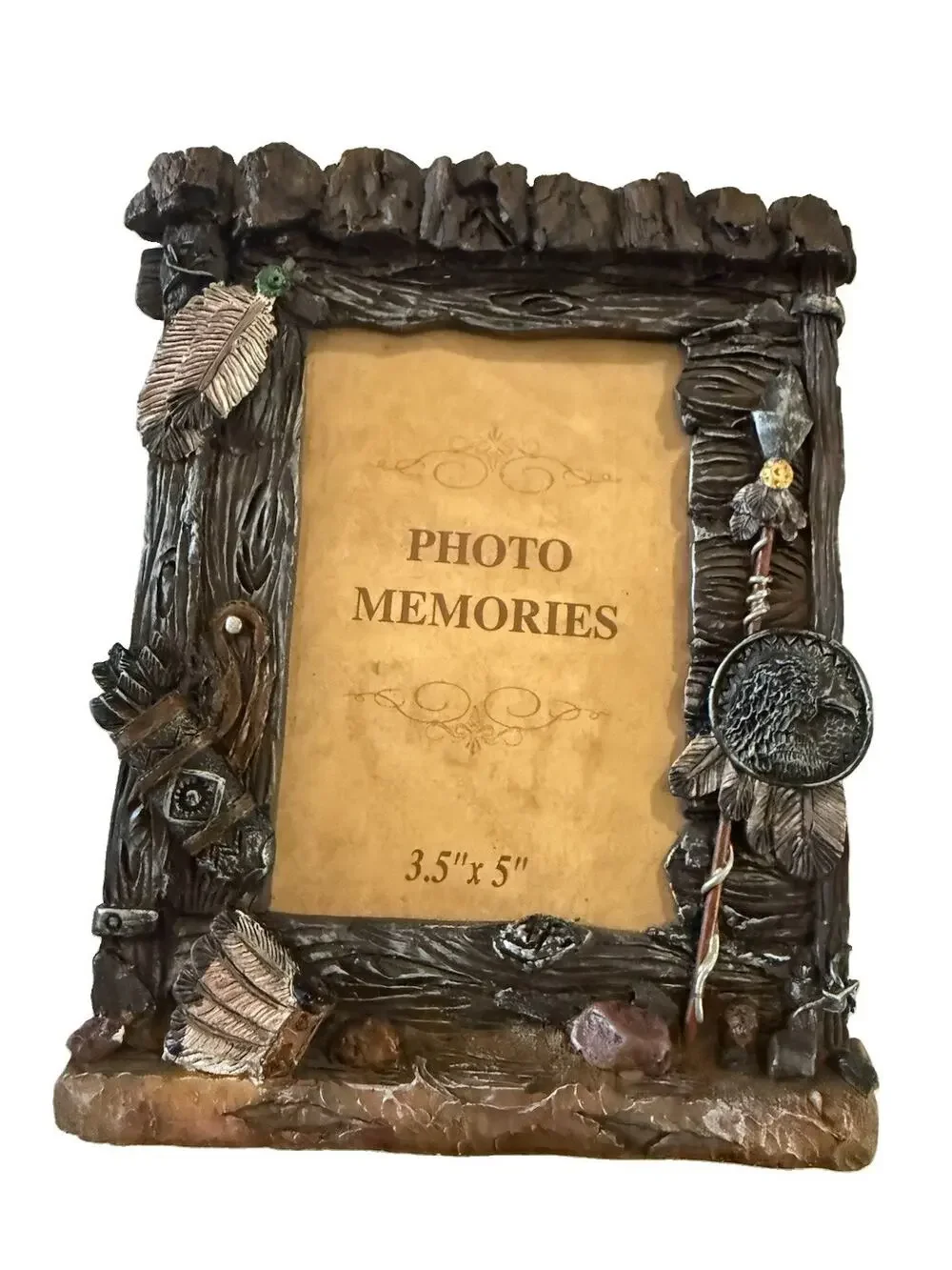 Vintage Native American Resin Picture Frame 3.5x5 Faux Wood Eagle Shield 3D